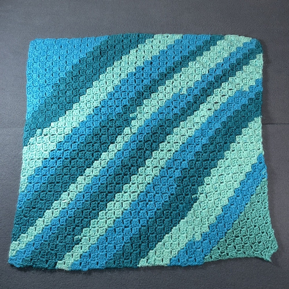 Handmade Crochet Baby Blanket Green Blue Cotton Afghan 23x25 Gift